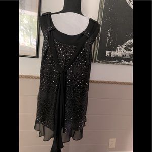 “R&M Richards”, size 16 sleeveless top with flowing hem line- Black & Glitter